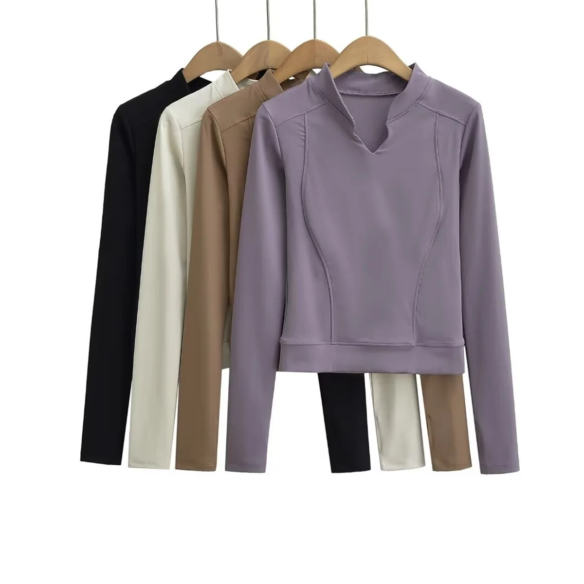 Half Zip Stand Collar Slim Yoga Long Sleeve Top Women Bodycon Quick Dry Cropped Workout Tee view 2