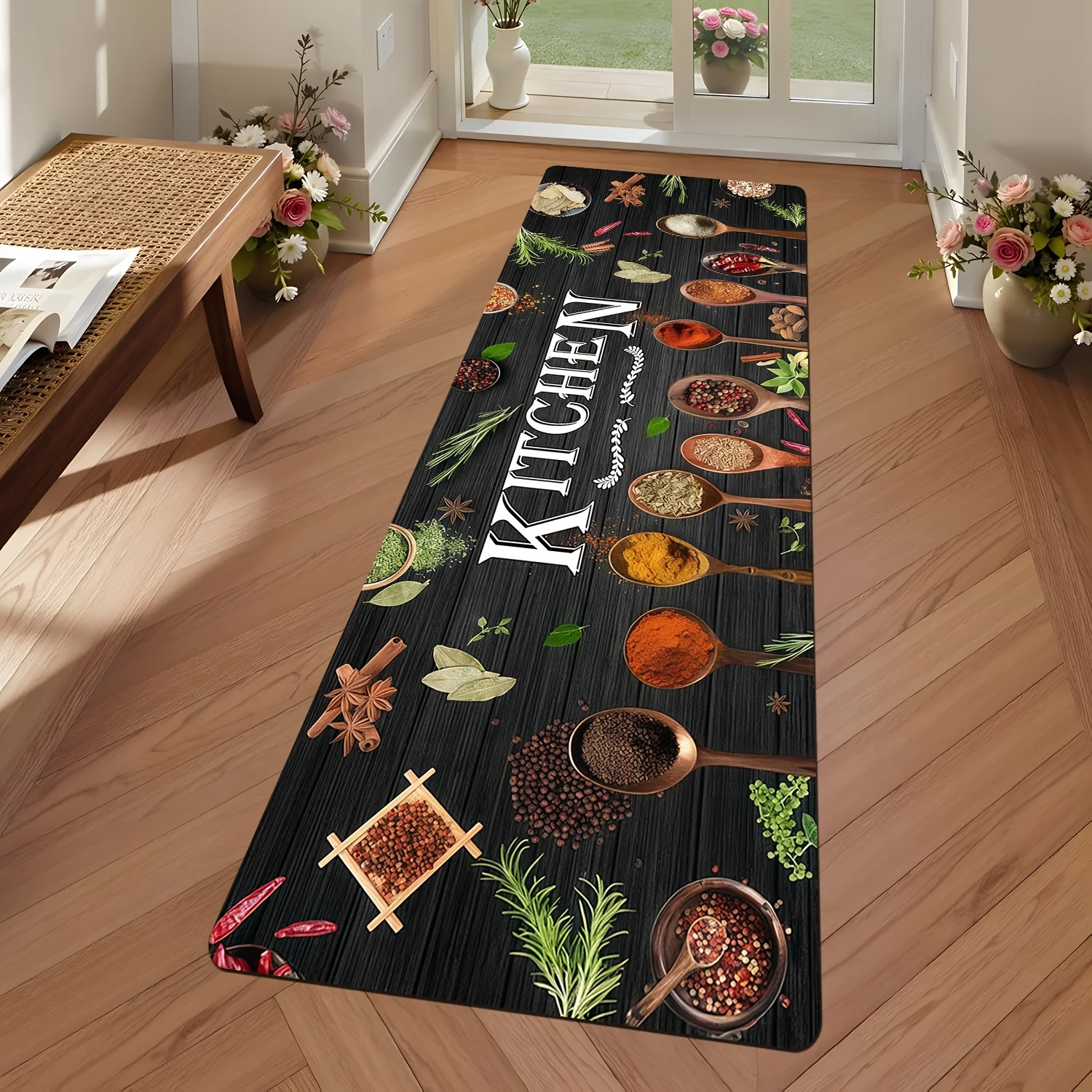 1pc Black Wood‑Grain Kitchen‑Themed Printed Long Runner Rug, Home Decor Floor Mat for Patio, Kitchen, Living Room, Bedroom