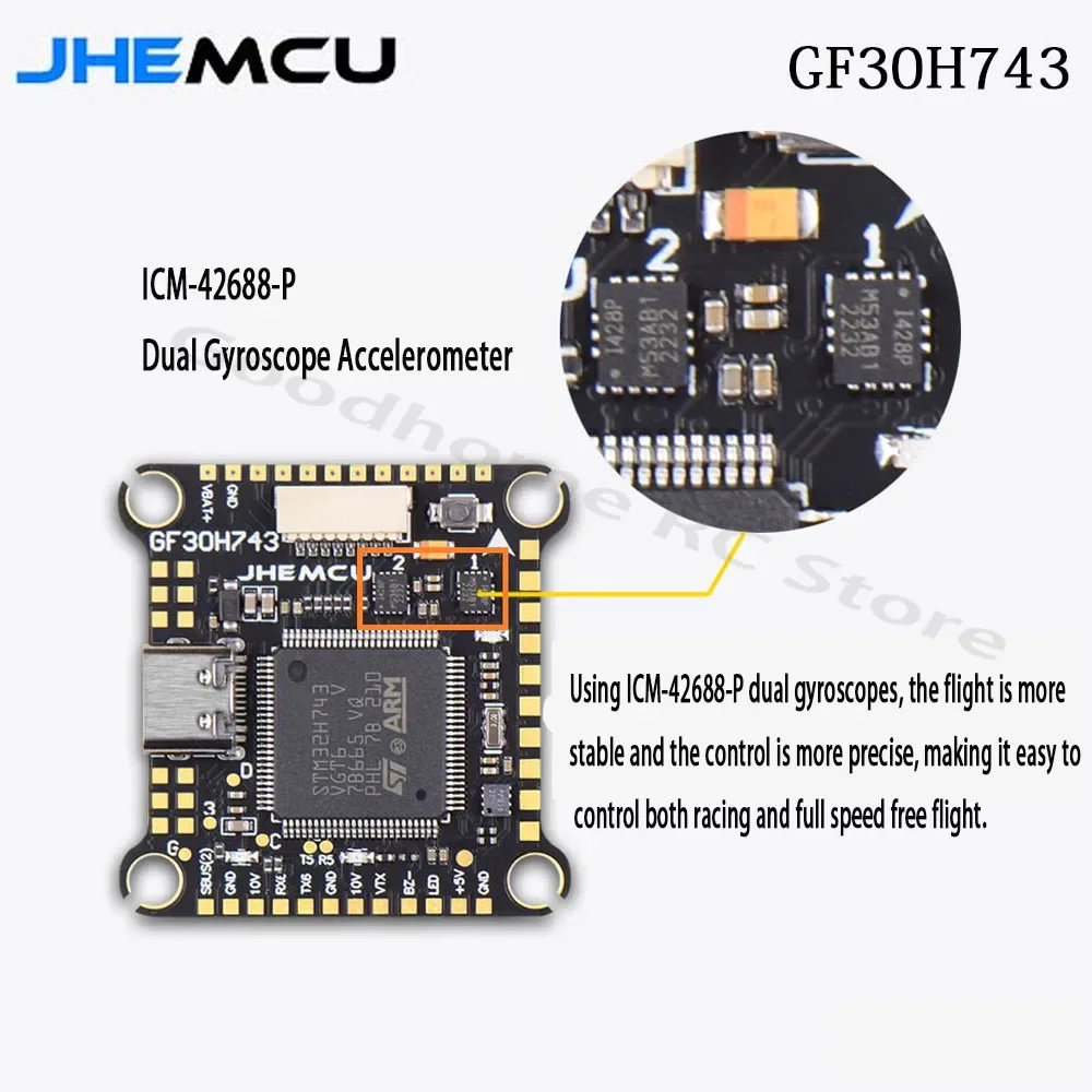 JHEMCU GF30H743 H743 480MHZ Flight Controller ICM-42688-P DUAL Barometer OSD 128M BlackBox Dual BEC 3-6S 30X30mm für FPV Drohnen