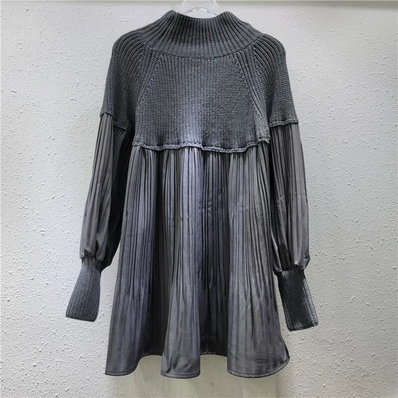 [ZOCI] Black Knitted New High Collar Splicing Folded Top Bubble Sleeve Crimson Doll Sweater