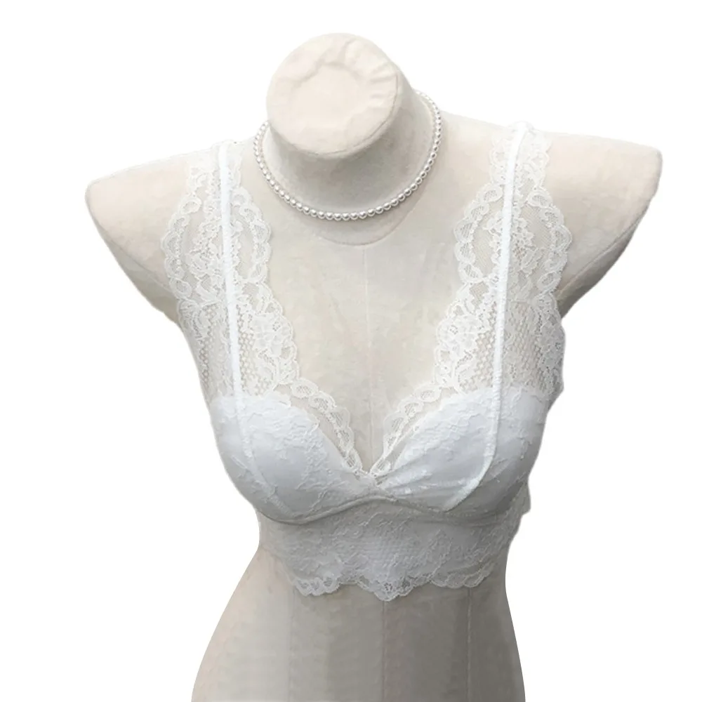 Nouveaux soutiens-gorge en dentelle blanche, col en V profond, design froncé, sans armatures, lingerie en dentelle française pour un usage quotidien