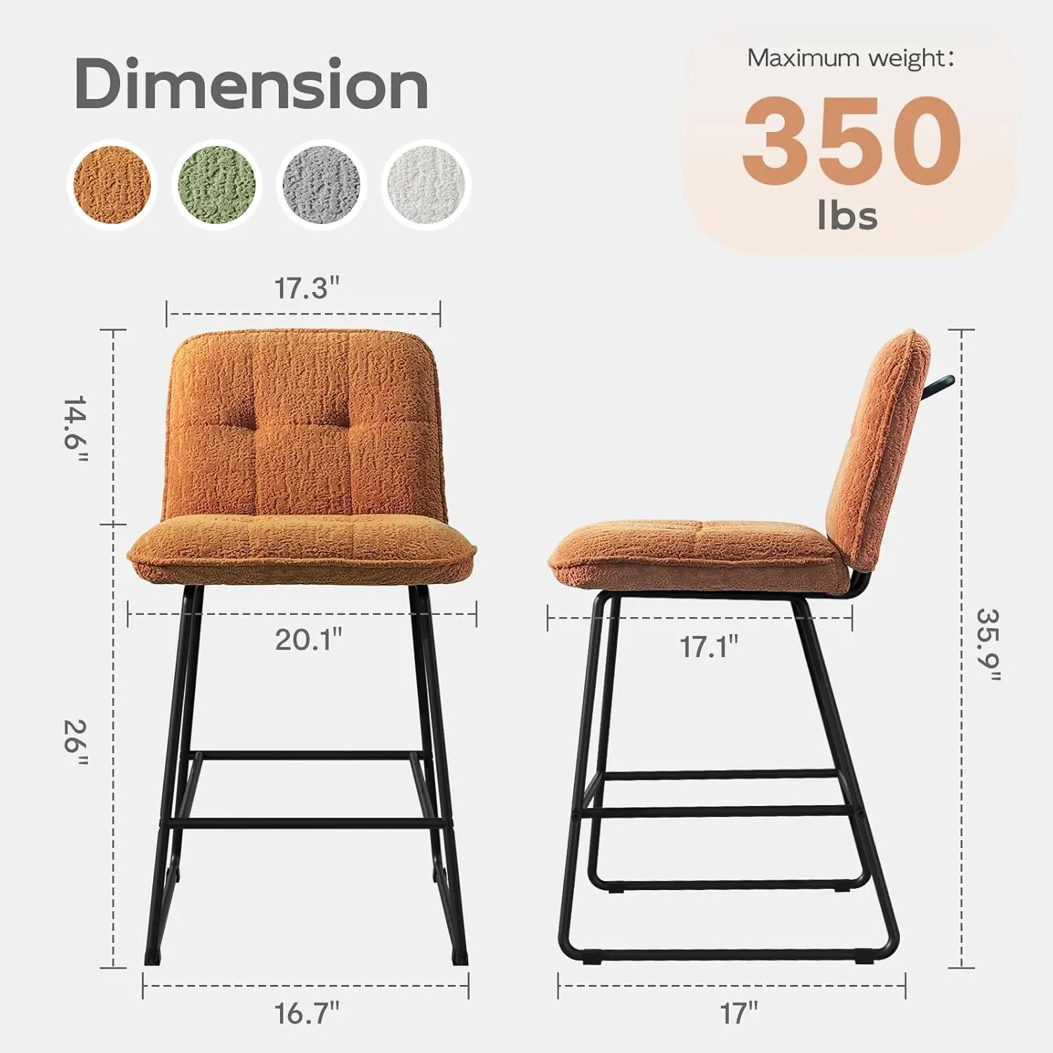 Brown Bar Stools Set Of 2, 26 Inch Counter Height Bar Stools With Back, Wide Seat Fabric Modern Barstools For Kitchen Island Wit