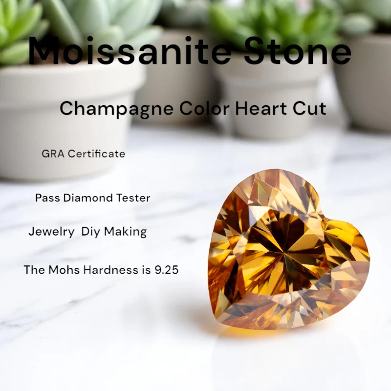 

Heart Shape Moissanite Stone VVS1 Champagne Color for Charms DIY Jewelry Making Materials with Certificate Pass Diamond Tester