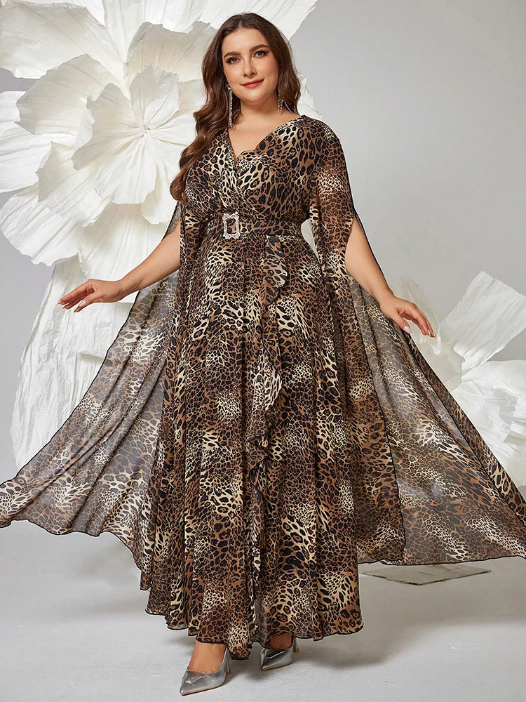 TOLEEN Plus Size Women\'s V-Neck Long-Sleeve Maxi Leopard Print Dress 2024 New Luxury Elegant Formal Party Evening Maxi Dresses