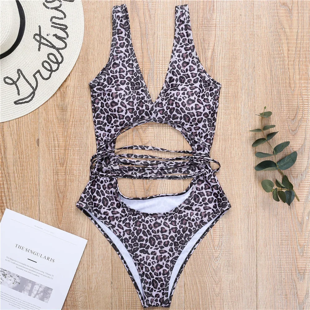 Leopard Bikini Extreme String Monokini Cut Out Bowknot Bandage Swimsuit 1-Piece Bathing Suits Brazilian Women Beachwear Biquinis