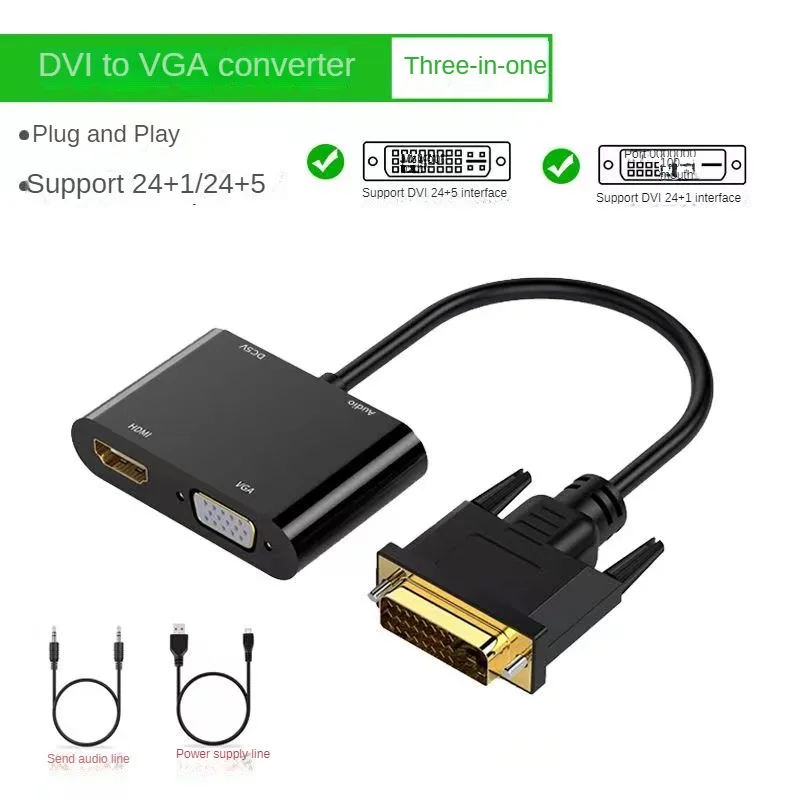 DVI to HDMI-Compatible VGA Splitter Cable 1080P 2-in-1 Active HD VGA DVI Audio Video Converter for PC Computer Monitor Laptop