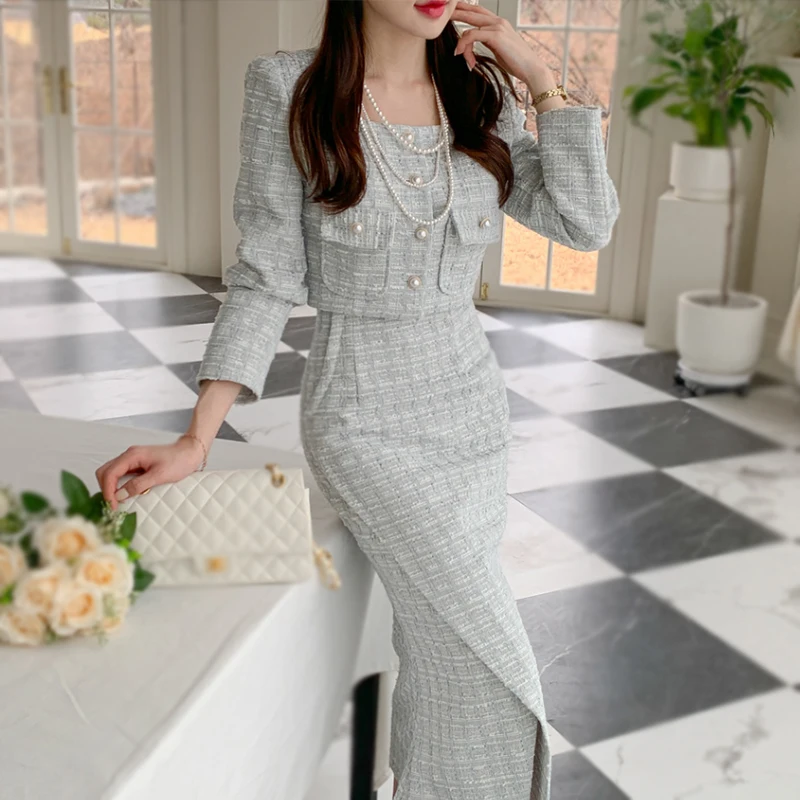 New Korean Autumn Winter Women 2 Pieces Set Single-Breasted Short Coats + Vintage Midi Pencil Skirt Sets Tweed Simple Plaid Suit