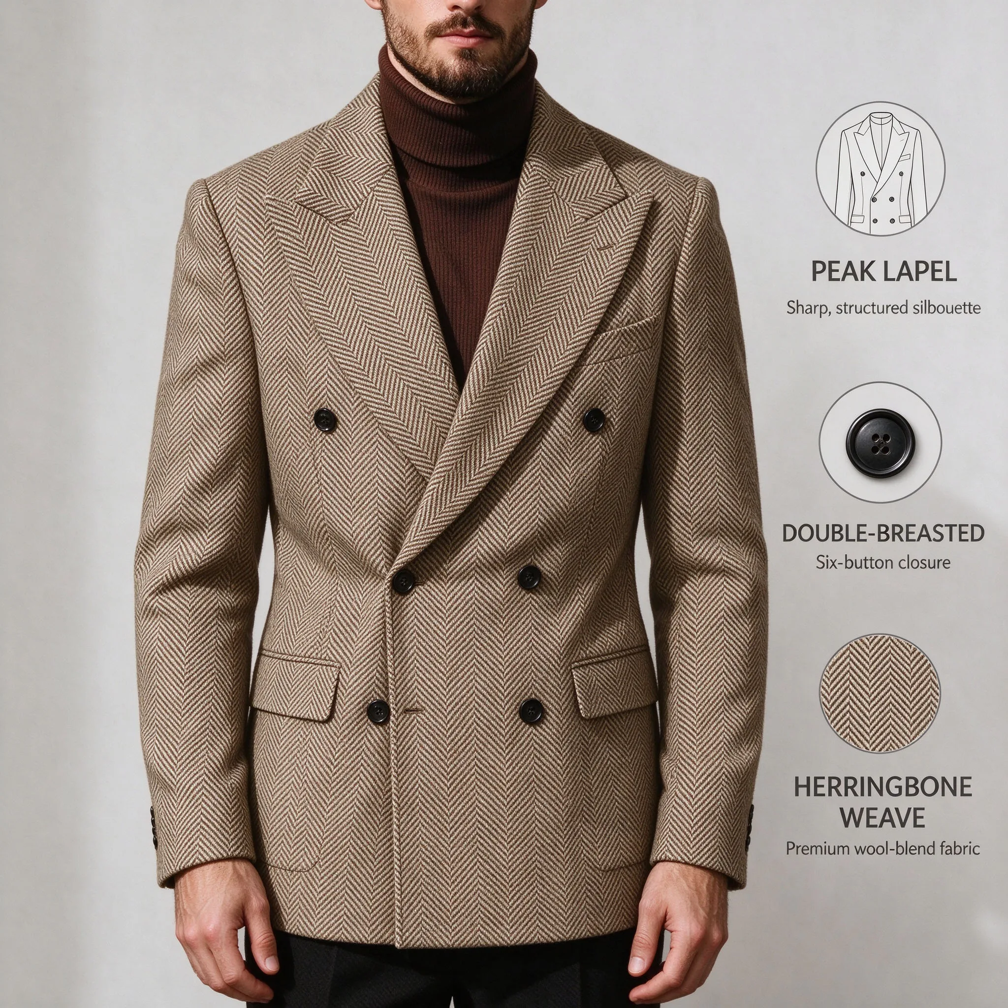 Men's Double Breasted Herringbone Blazer Notch Lapel Wool Tweed Vintage Sport Coat Business Casual Jacket
