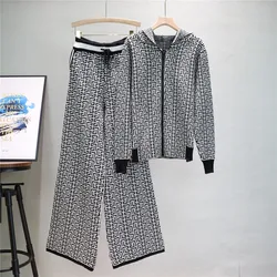 2 Piece Sets Women Outfit Autumer Spring Tracksuit Knit Cardign Hooded Wide Leg Pant Sets New Two Piece Casual Loose Suit Office