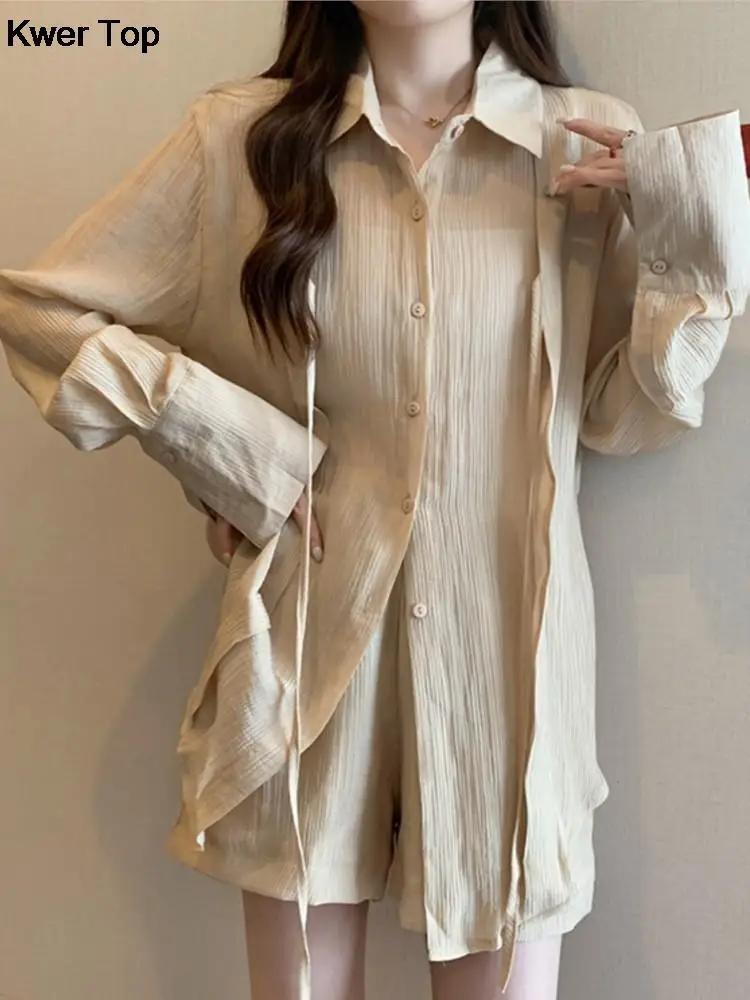 

Summer Women Casual Solid Shirt 2 Piece Suit Korean Chic Single Breasted Thin Blouse Hight Waist Shorts Outfits Holiday Clothes