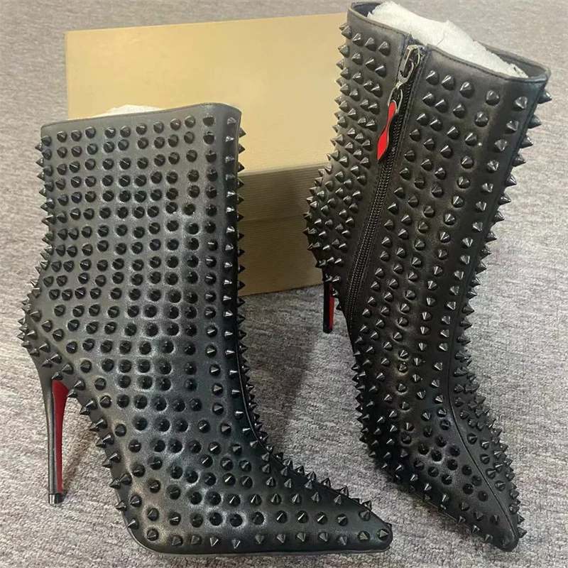 Rivet Short Boots Stiletto High Heels Ankle Boots Women's 2024 Spring and Autumn Leather Side Zipper Fashion Shoes High Quality