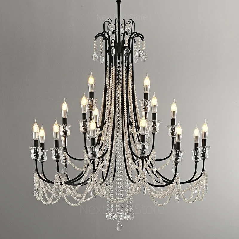 French luxury crystal living room chandelier, retro black villa, duplex, elevated high-rise staircase, grand hotel