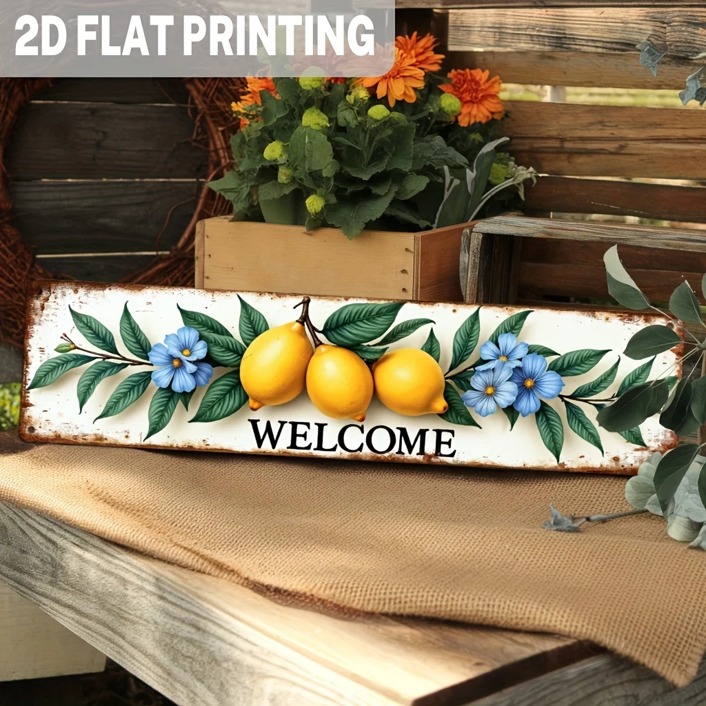 Image of 2D flaches, rustikales Willkommensschild mit Zitronen und blauen Blumen – Zitrusblüten-Design, Vintage-Wanddekoration im Landhausstil