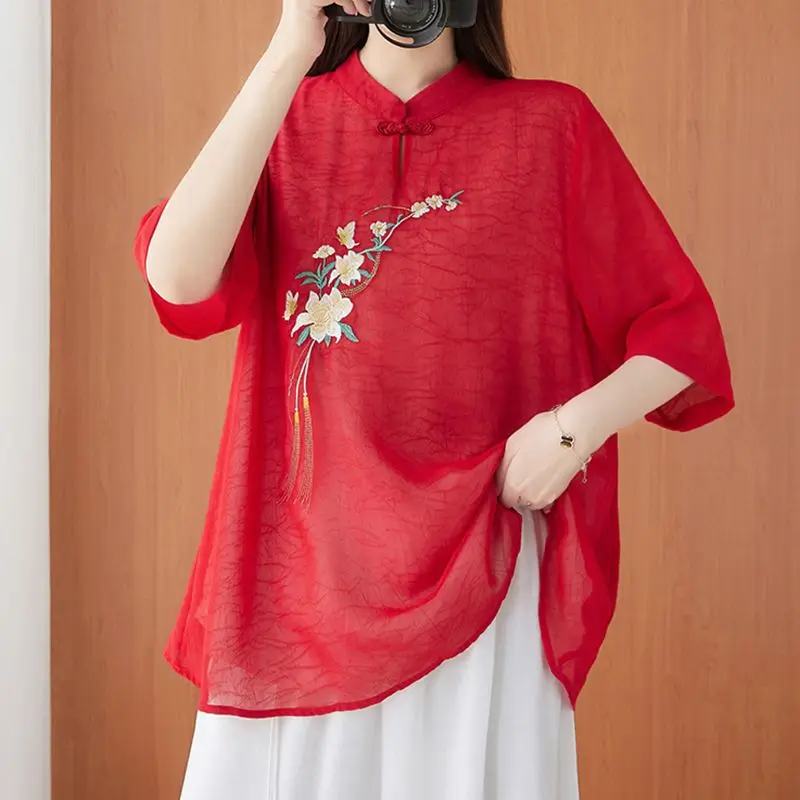 2025 Summer Cotton and Linen Women's Tops Loose Thin Stand Collar Embroidered Shirt Tea Clothing Retro Women Blouse