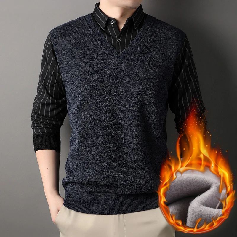 Male Fleece Pullover Men\'s Polo Collar Sweater Autumn Winter Knitwear Stripe Sweaters Thick Warm Khaki Korean Clothing