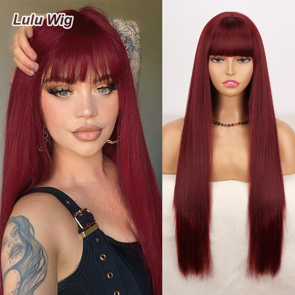 Perruque synthétique longue lisse rouge vin avec frange, perruques pour femmes, cheveux naturels résistants à la chaleur pour la fête quotidienne d'halloween Cosplay