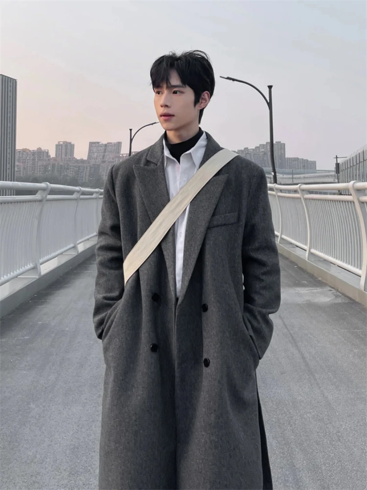 

High-End Men's Woolen Coat oulder Pad Autumn Winter Thiened Long Coat over Knee Medium Length Loose Fit Double Breasted