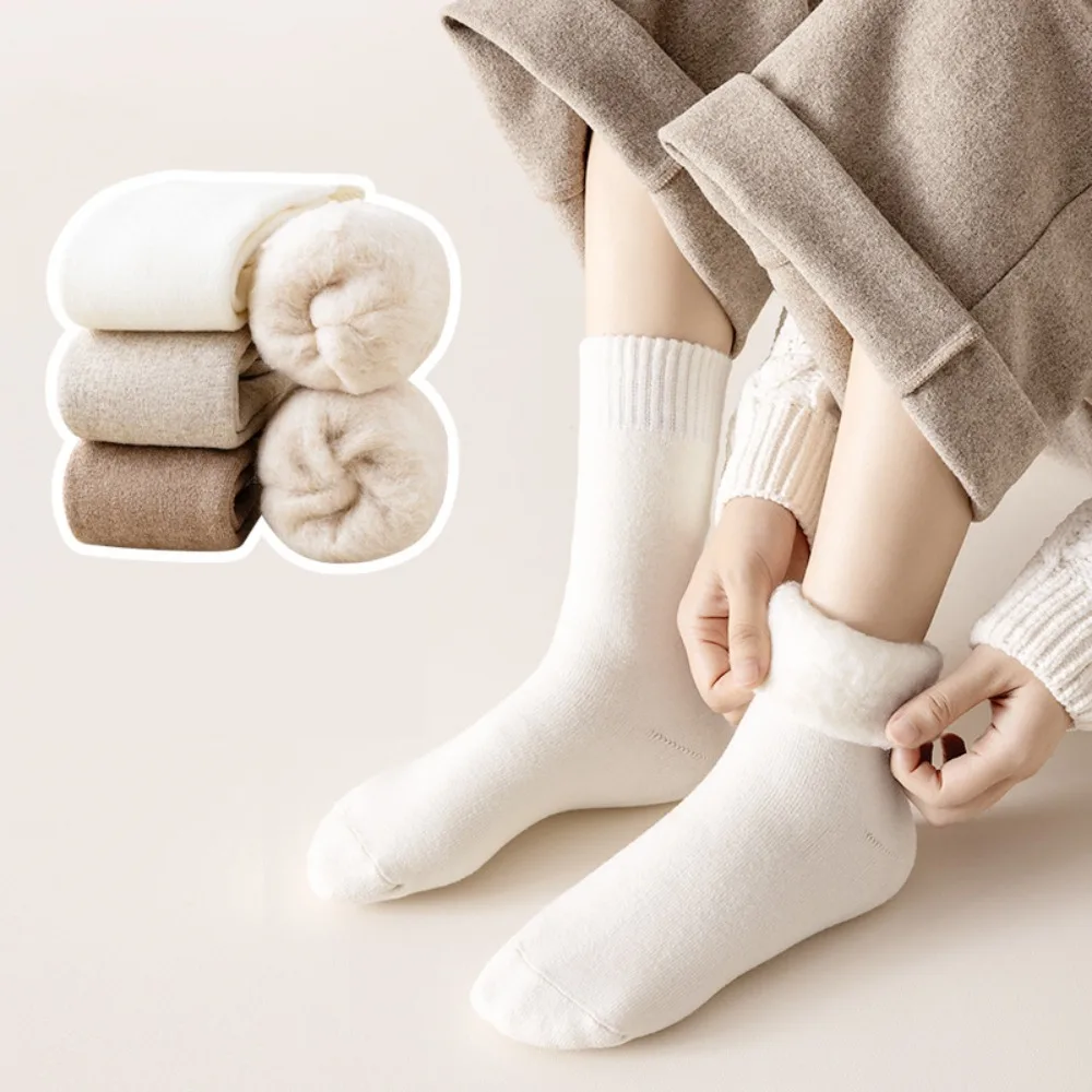 2pairs Basic Solid Thicken Warm Socks Elastic Autumn Winter Thermal Wool Socks All Match Hosiery Cashmere Socks Women Sleeping