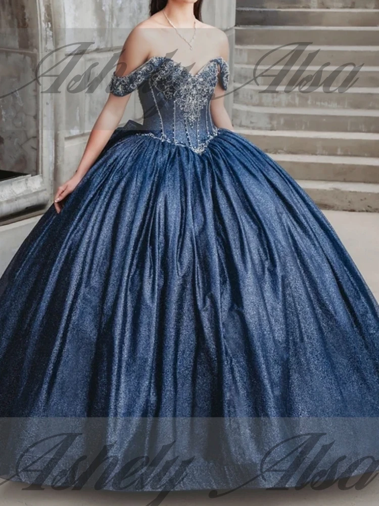 AQ 259 Customized Navy Blue Women Prom Dresses Special Occasion Wear Beading Bow Puffy Skirt Party Dress Sweet 15 16 Quinceanera