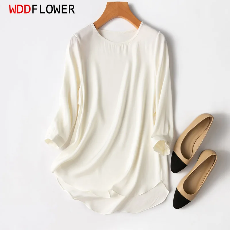 Women T-Shirt 93% Mulberry Silk 7% Spandex 19 momme White Round Neck 3/4  sleeve shirt Top Blouse office work MM412