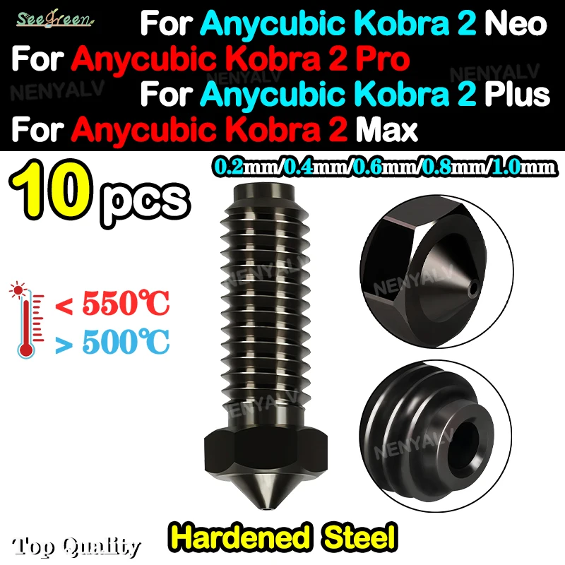 

For Anycubic Kobra 2 Neo Flow High Precision 10pcs For Anycubic Kobra 2 Pro Volcano Nozzle 0.2/0.4/0.6/0.8/1.0mm Hardened Nozzle