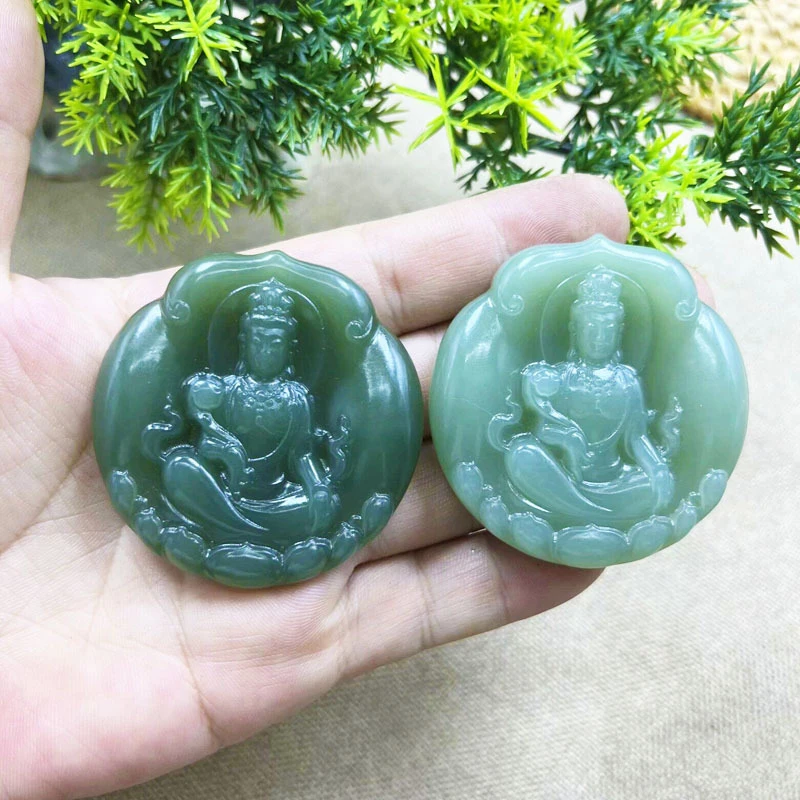 

Qinghai and Hotan lake green round pendant with six-character mantra of seated Guanyin, made of fine jade