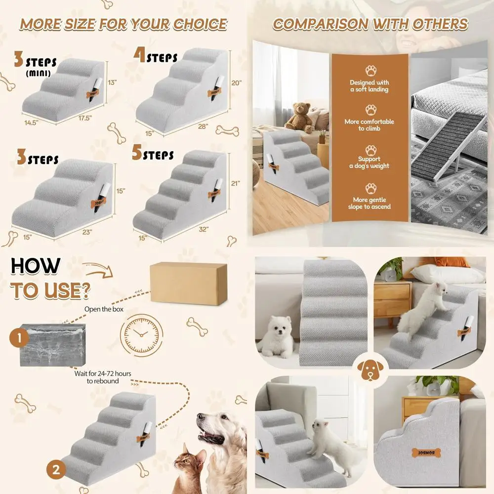 

Лестничная рамка для домашних животных для высокой мебели, 4-ступенчатая нескользящая водонепроницаемая, идеально подходит для маленьких собак и кошек, светло-серая