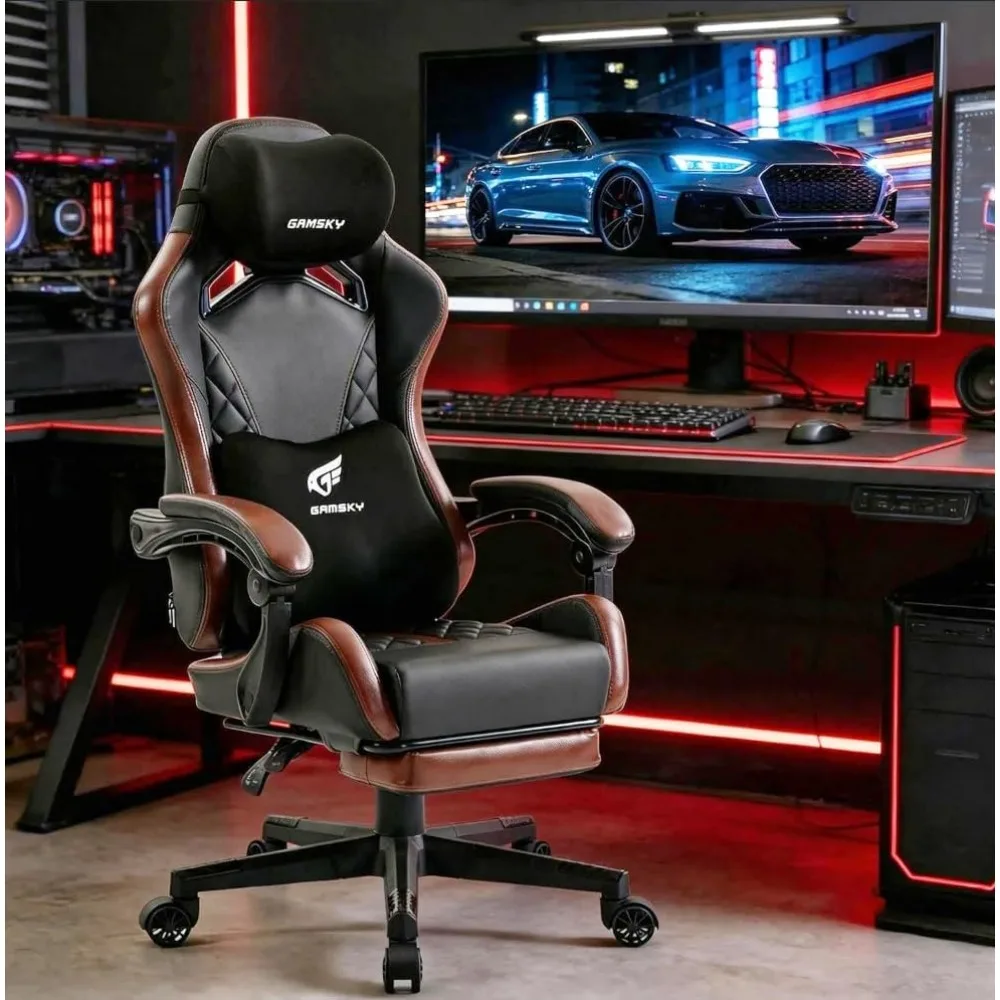 Gaming Chair w/ Footrest - Leather Computer Chair, Memory Foam Headrest & Lumbar Support, Reclining for Home Office