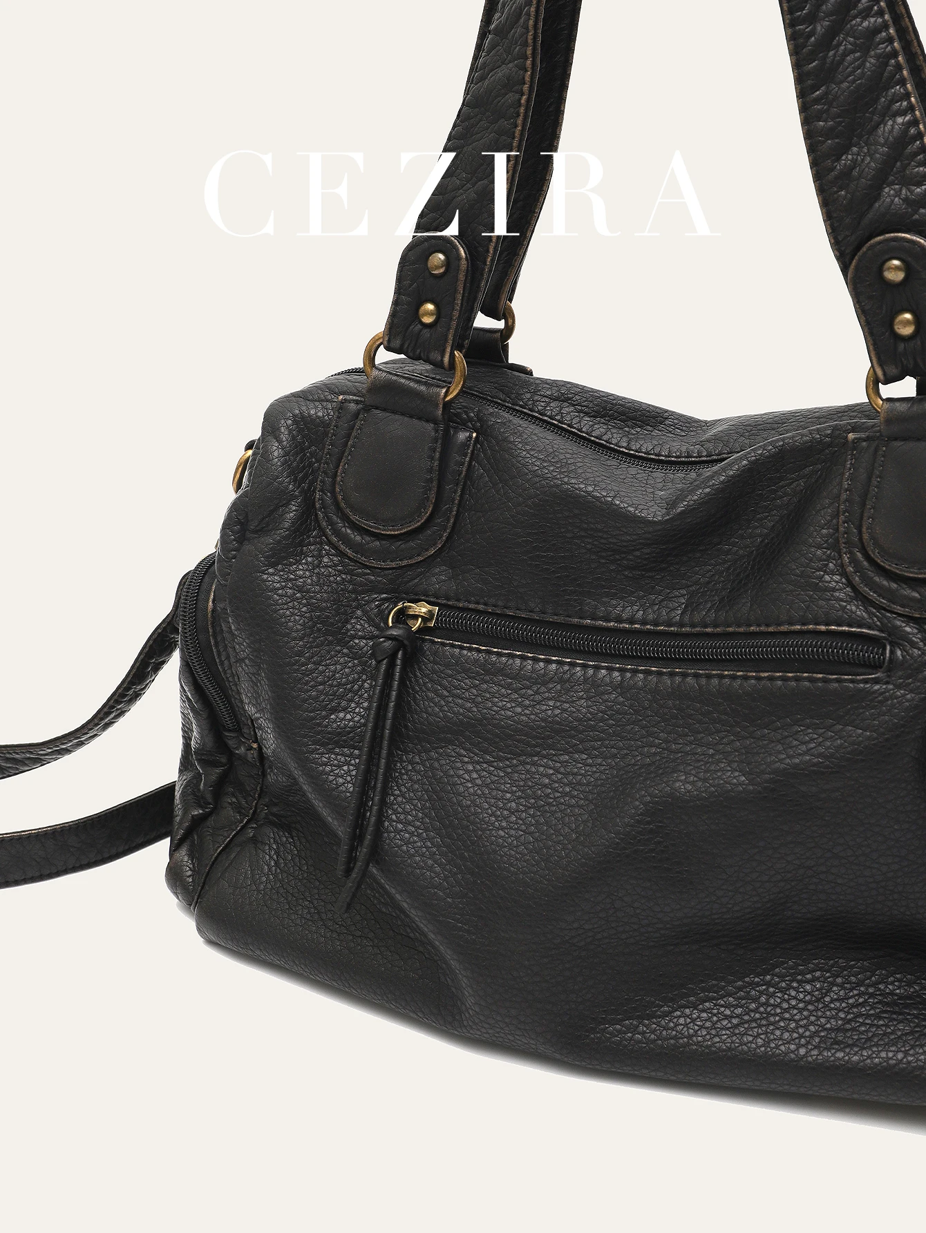 Vintage Women Unisex Brush-off Color Washed PU Vegan Leather Zip Pockets Shoulder Cross body Bag Large Retro Casual Daily Travel view 4
