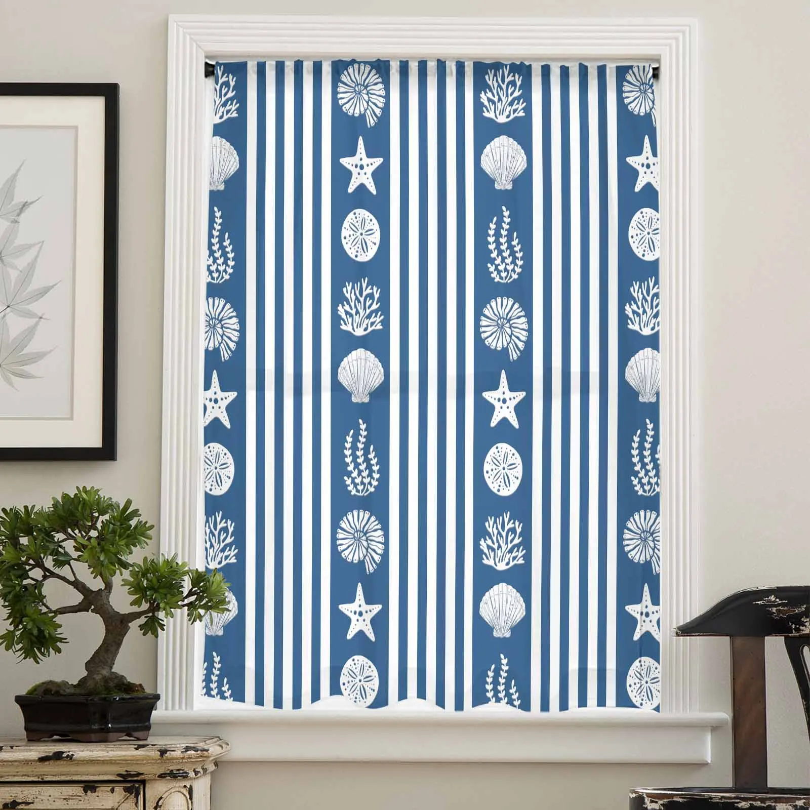 Ocean Striped Starfish Jellyfish Corals Deep Blue Sheer Curtain Living Room Drapes Home Voile Curtain Tulle Window Curtain