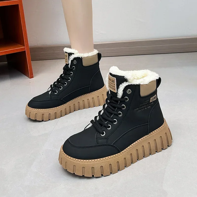 2024 Winter New High Top Plush Winter Boots for Women Students Platform Casual Warmth Cotton Botas Shoes Lace Up Botines Mujer