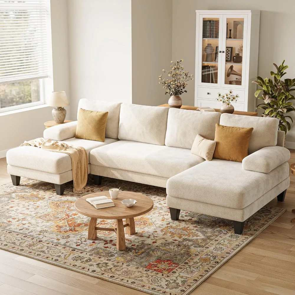 

U-Shaped Sectional Couches for Living Room | Chenille Sofa with Double Chaise |112 Inch Beige Sectionals Couch for Apartment