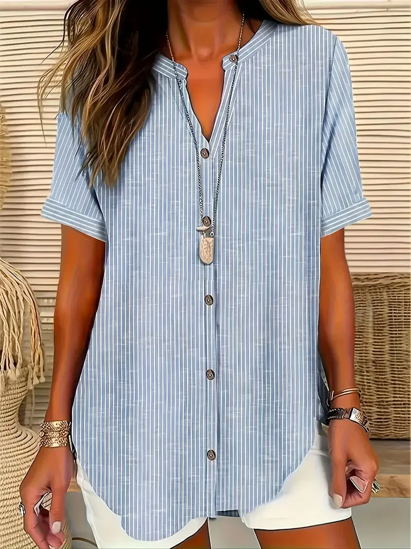 

Плюс размер 1XL-5XL, новая женская модная блузка с пуговицами и принтом, рубашка с короткими рукавами, простая повседневная свободная рубашка, топ