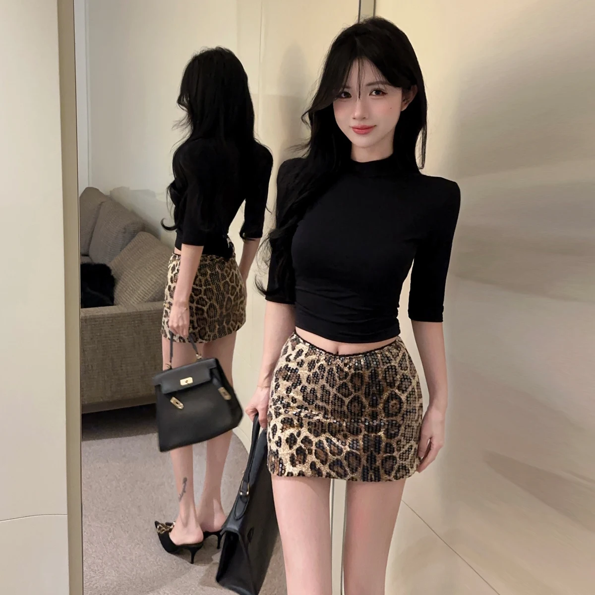 

American Sle Spicy Girl ter Ne mid Sve Casual High Waist Leopard Print Sequin Wrap Body ort Skirt Set Women
