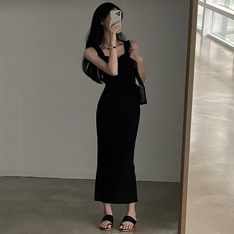 Myufon Basic Knit Long Dress Korean Fashion Square Collar Sleeveless Women's Dresses Summer Casual Y2k Vintage All-match Outftis - Image 5