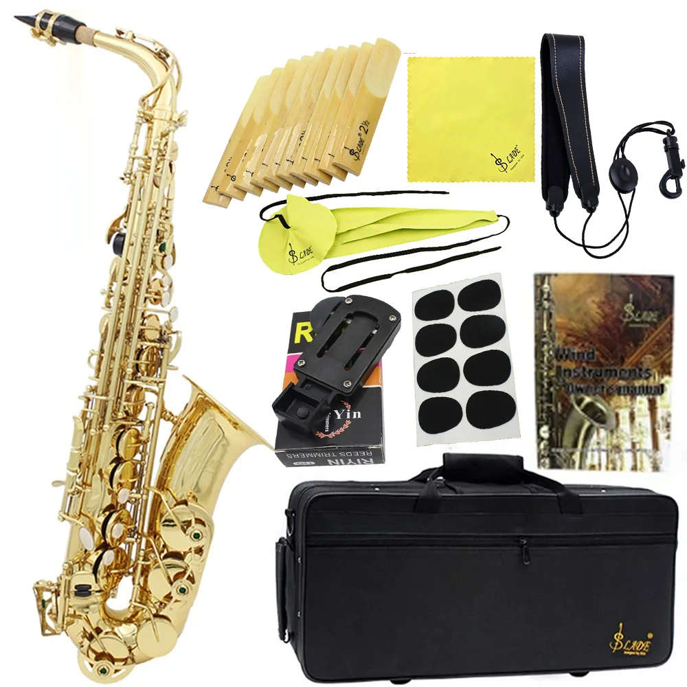 SLADE Eb Alto Saxophone Gold Performance Brass Instrument Saxophone with Box Cleaning Cloth Brush Reed Strap Trimmer Accessory