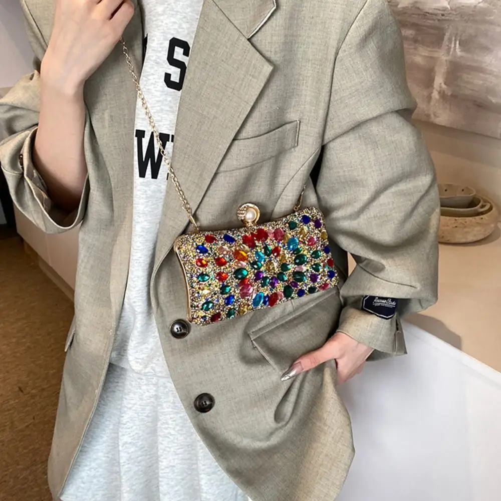 

Portable Shiny Evening Banquet Bag Crystal Glitter Colorful Rhinestone Shoulder Bag Clutch Bag Purse Chain Crossbody Bag Party