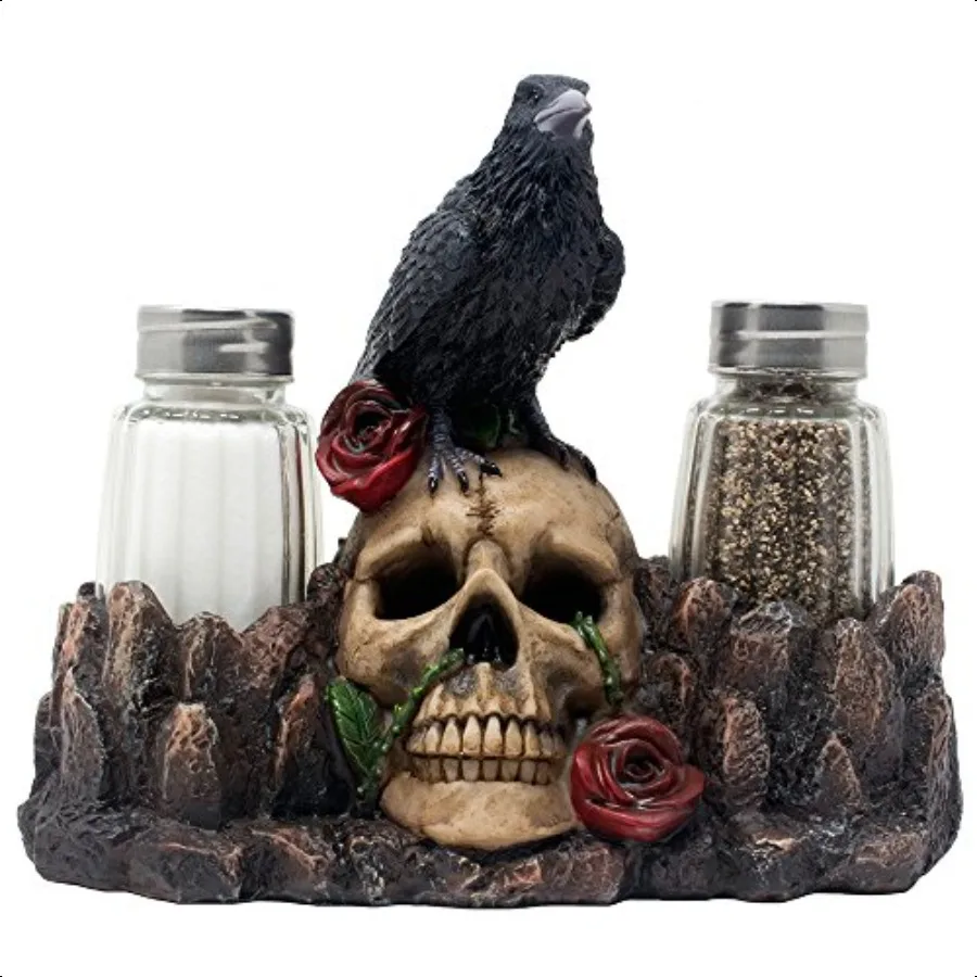 Juego de salero y pimienta con calavera humana, cuervo frío de huesos, con soporte de exhibición decorativo, estatuilla para decoración de Halloween aterradora