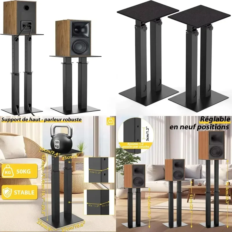 Adjustable Height Heavy Duty Metal Double Tube Bookshelf Floor Stand Desktop Speaker Stand with Painted Surface Treatment