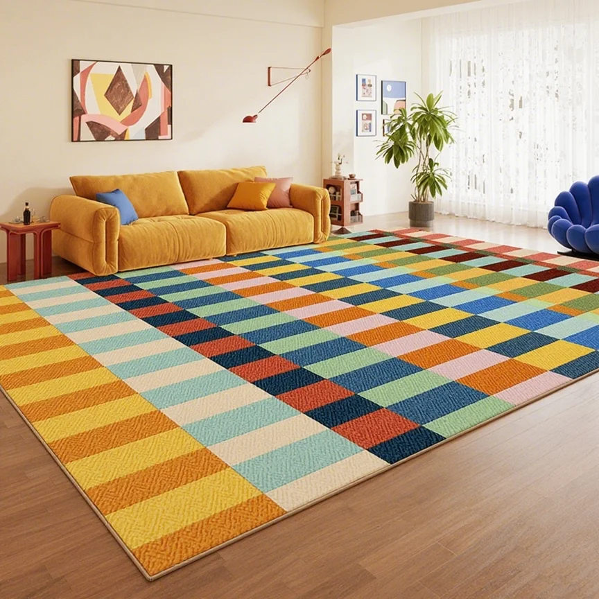 For Minimalist Creative Dopamine Geometric Pattern Living Room Carpet Bedroom Room Floor Rugs Home Easy Repair Sofa Coffee Table