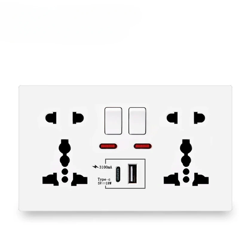 UK Standard USB Interface Socket，Wall Quick Charge Socket, 18W Type-C Ports, Dual Switch Control Universal Power Outlet