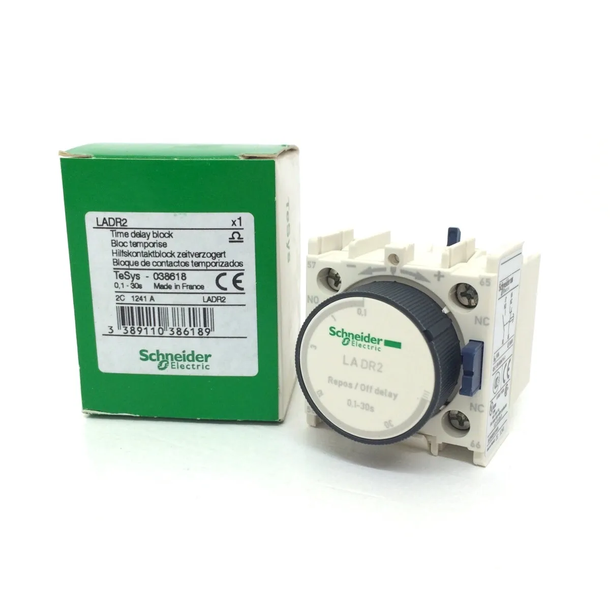 Time delay auxiliary contact block, TeSys Deca, 1NO + 1NC, off delay 1-30s, front, screw clamp terminals LADR2