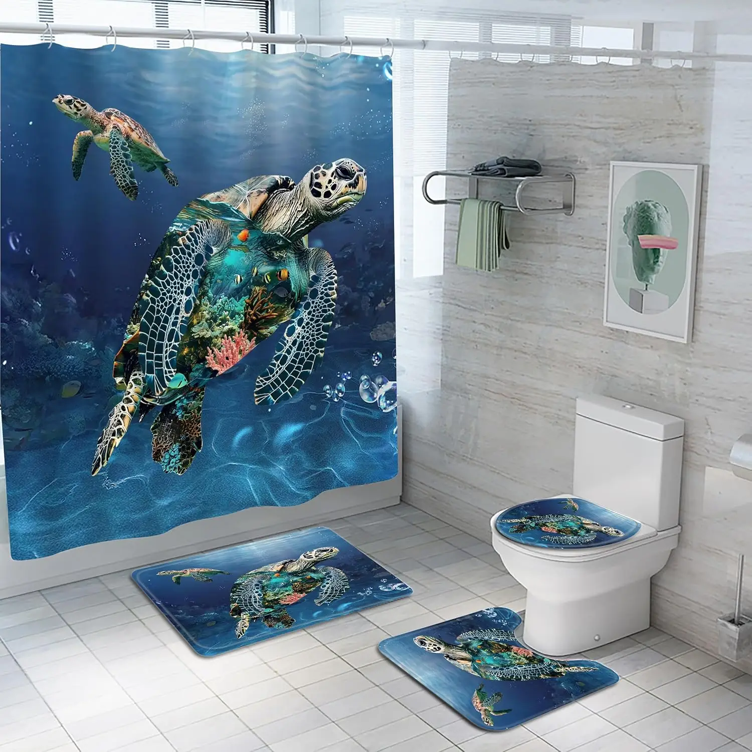 

Sea Turtle Shower Curtain Set, 4-Piece Ocean-Themed with Marine Life Design, Includes Waterproof Shower Curtain, Non-Slip Rugs,