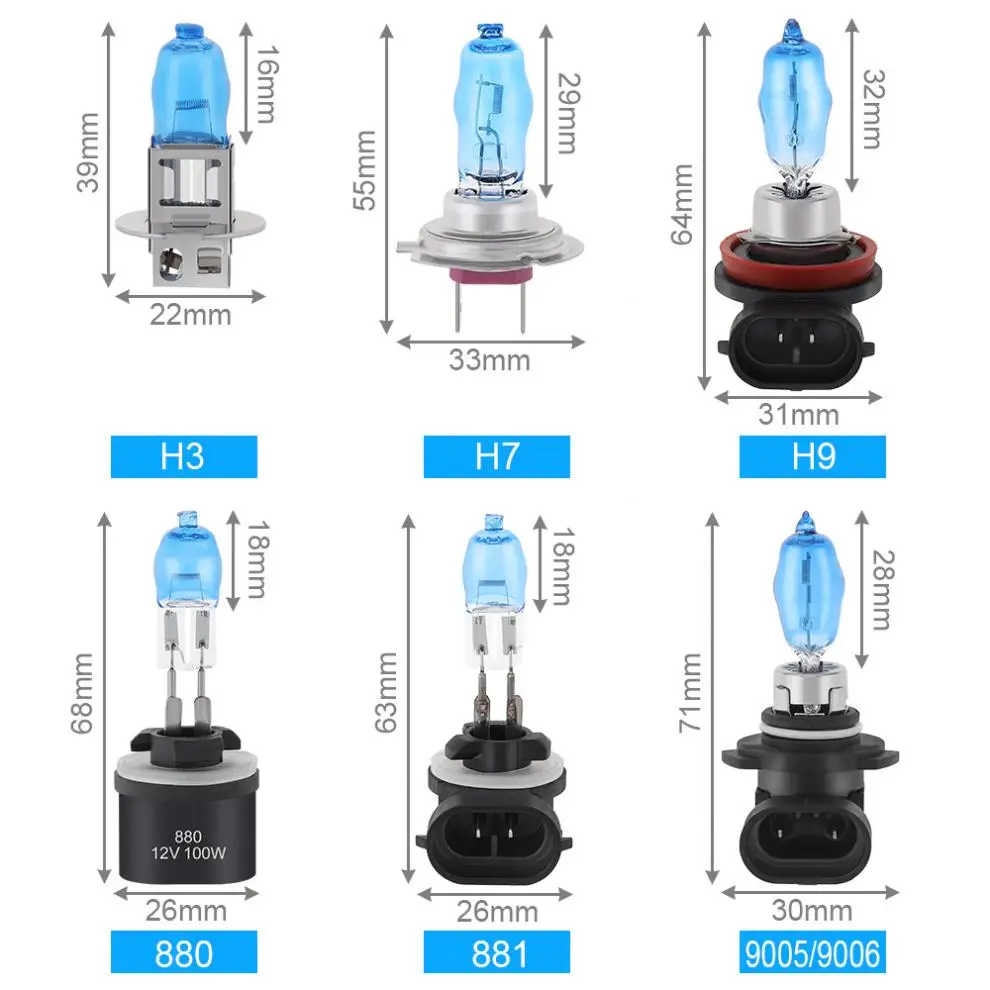 2 قطعة H3/ H7/H9/880/881/9005/9006 100 واط 3000LM 6000 كيلو الضوء الأبيض سيارة HOD مصباح هالوجين السيارات الجبهة العلوي سيارة HOD مصباح هالوجين