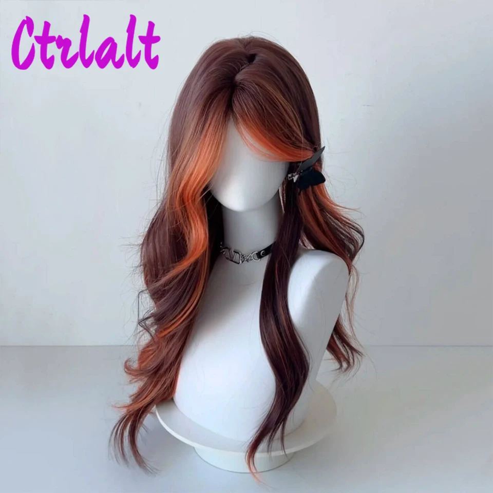 Synthetic Long Wavy Curly Ombre Orange Brown Layered Wig with Bangs Girls Lolita Cosplay Fluffy Hair Wig For Daily Party