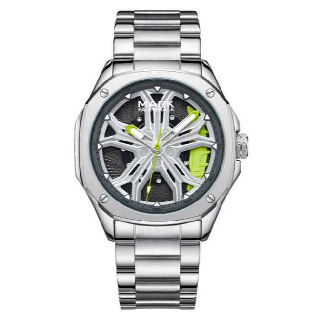 Mark Fairwhale Men Quartz Watch 43MM Sport Wristwatch Luminous Rotatable Car Wheel Dial