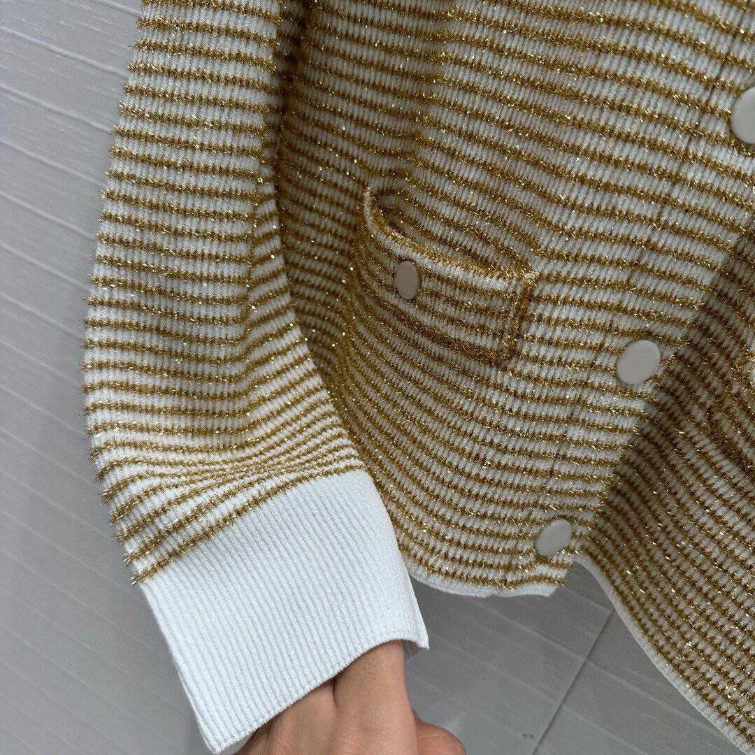 2024 New Autumn Fashion Lurex Stripes Casual Slim Knit Cardigan Coat Women O-neck Long Sleeve Fritillary Single Breasted Sweater