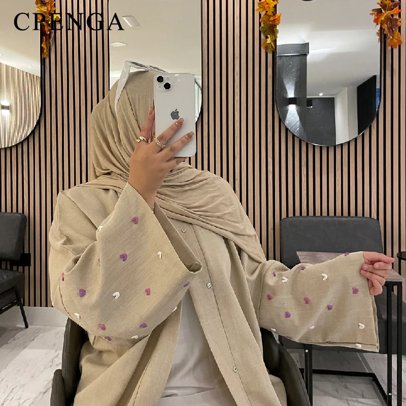 

Elegant Dubai Muslim Linen Modest Cardigan for Women Eid Arabic Heart Abaya Dress Party Jalabiya Clothing Islamic Turkey Coat