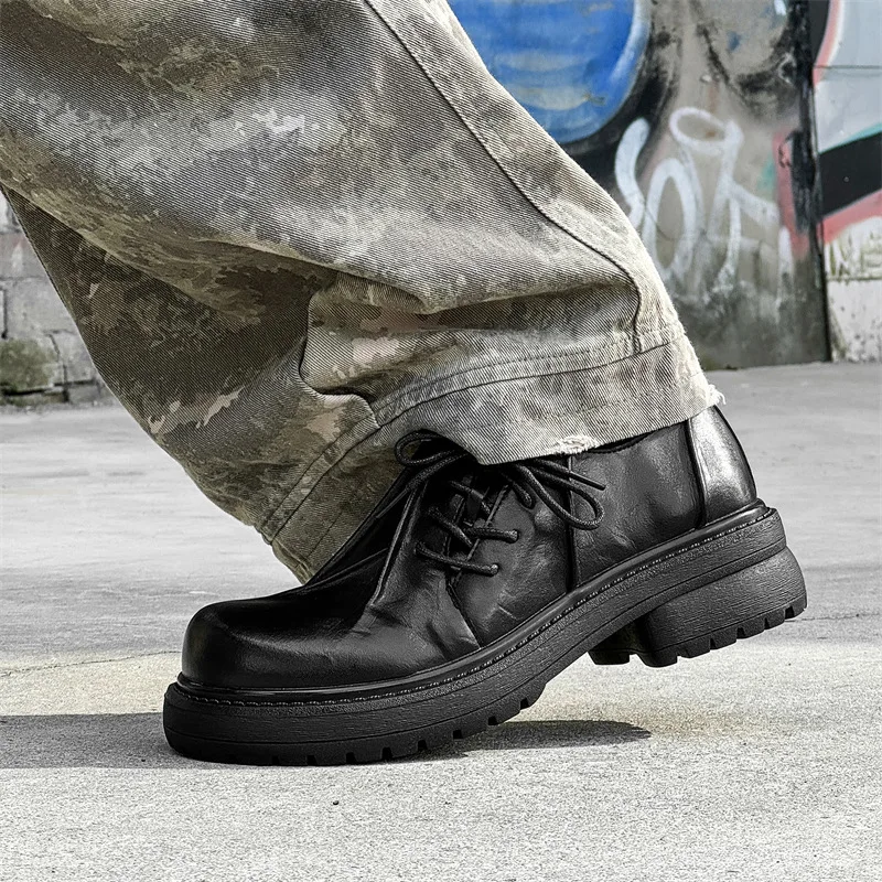 

2025 Black Inner Height Increase Thick Sole Raised Toe Commuter Men and Women Trendy British Style Casual Derby Shoes