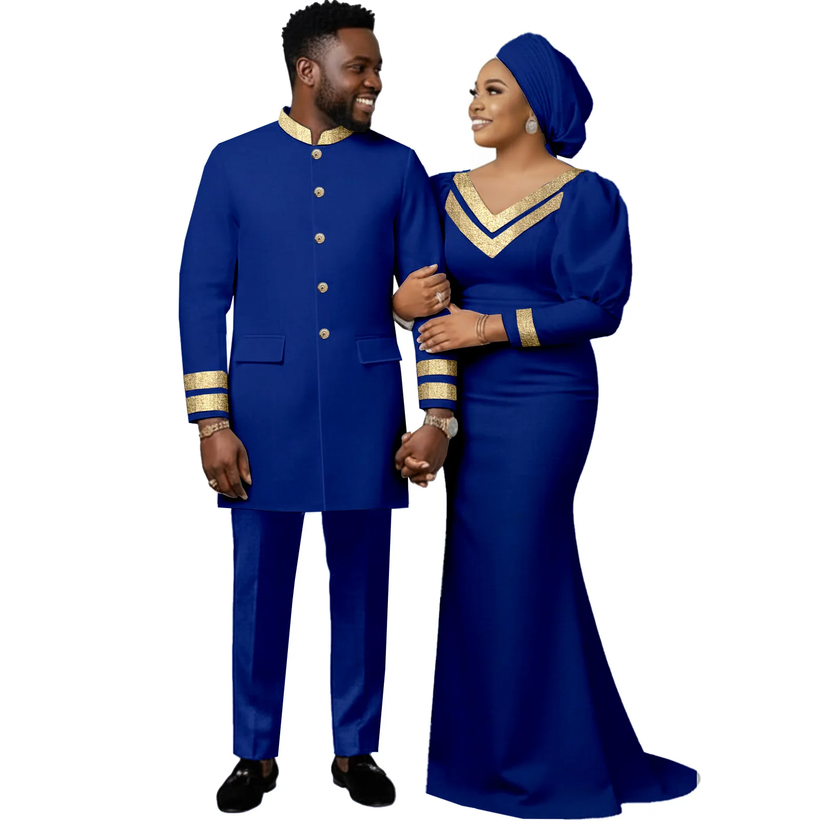 

African Couple Outfits Matching Sets Women Gown Dress or Dashiki Men Suit Blazer and Pants